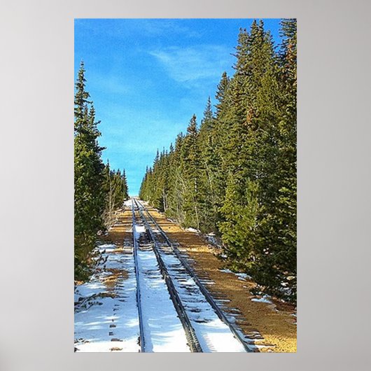 松林を通る鉄道の線路 冬の雪景色 ポスター (正面)