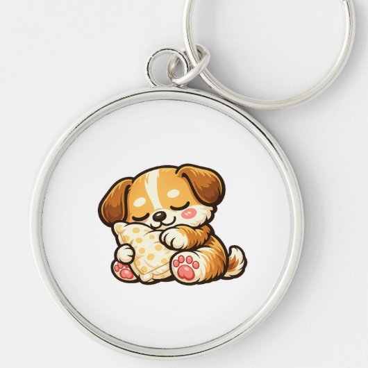 枕で眠るかわいい子犬 キーホルダー (正面)