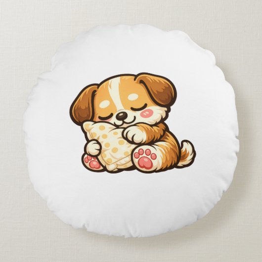 枕で眠るかわいい子犬 ラウンドクッション (正面)