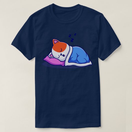 枕と毛布の漫画で眠るかわいい猫 Tシャツ (デザイン正面)