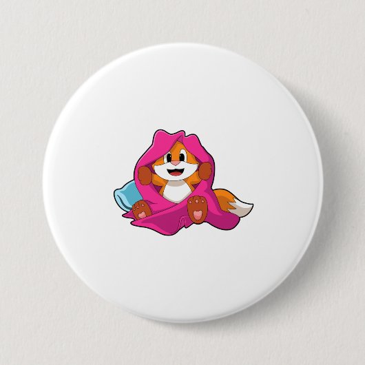 枕と毛布を備えたキツネ 缶バッジ (正面)