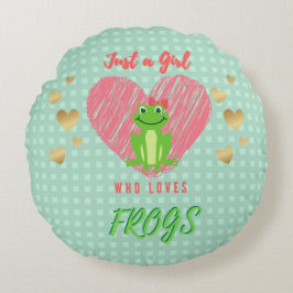 枕のまわりにカエルを愛する女の子(ハート付) ラウンドクッション