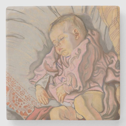 枕の上で眠る幼い子供 ストーンコースター (正面)