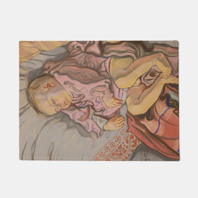 枕の上で眠る幼い子供 ドアマット (正面)