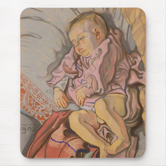 枕の上で眠る幼い子供 マウスパッド (正面)