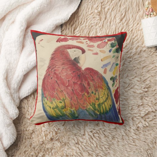 枕の旧式な深紅のコンゴウインコのオウムのスケッチ クッション (ブランケット)