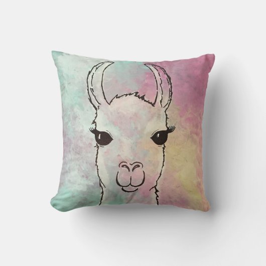 枕を絵を描くラマの混合メディア クッション (正面)