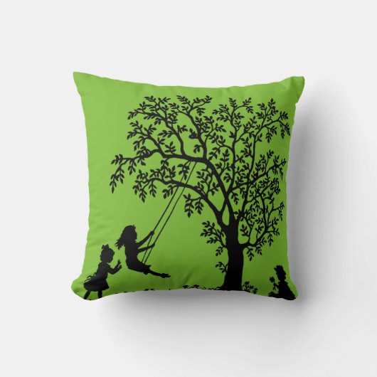 枕を遊んでいる黒い緑の抽象芸術の木の子供 クッション (正面)