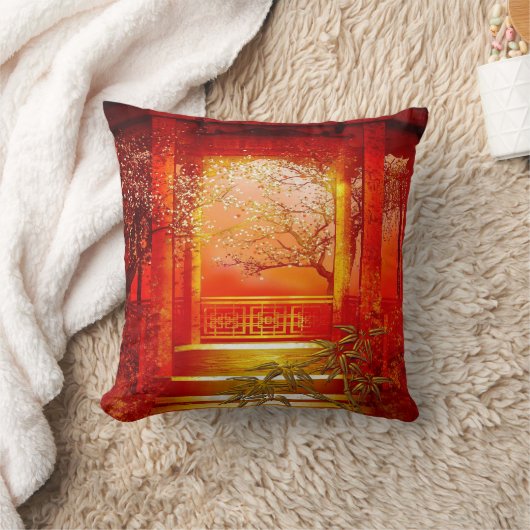 枕アジア金ゴールド赤竹の花 クッション (ブランケット)