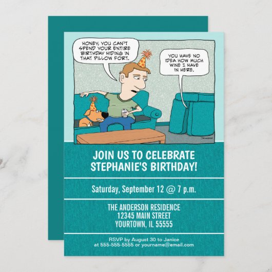 枕城砦の誕生会のおもしろいな飲むワイン 招待状 (正面/裏面)