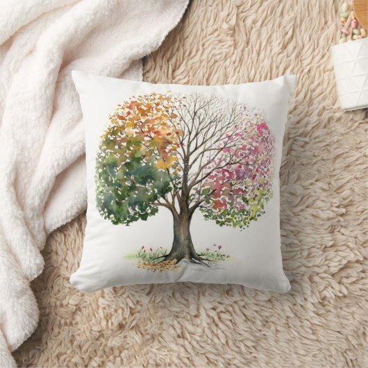 枕白の4季節の木の水彩画 クッション (ブランケット)