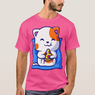枕食べ物漫画でかわいい猫のピザ Tシャツ