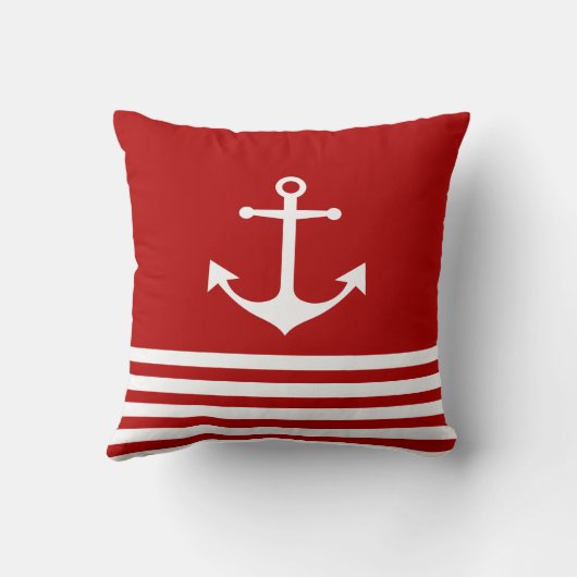枕、白航海の色、赤ストライプ色、いかり枕 クッション (裏面)