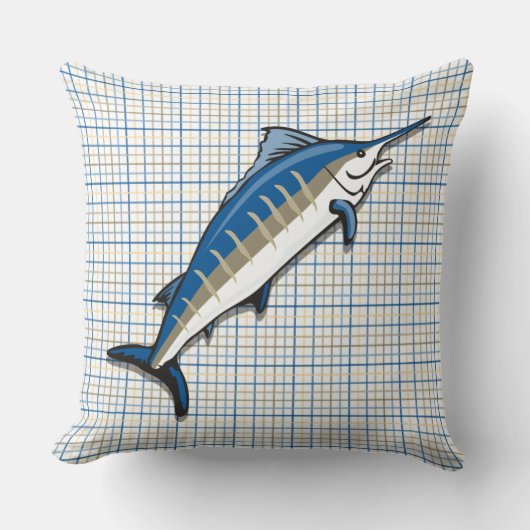 枕 – 青いマーリンオンプレイド (正面)