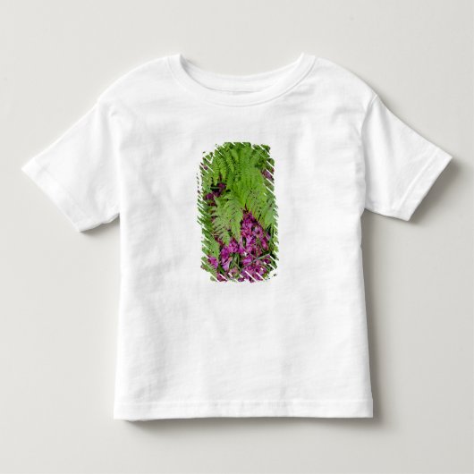 林の中のシダと地面に散ったピンクの花びら トドラーTシャツ (正面)