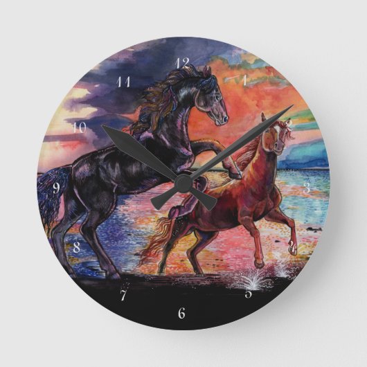 果てしない空の水彩馬 ラウンド壁時計 (正面)