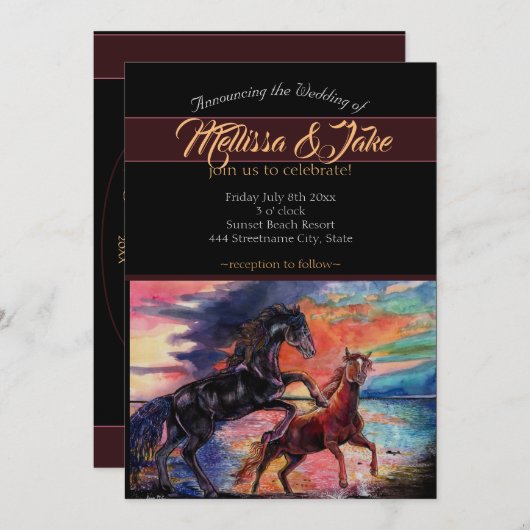 果てしなく広がる空とロマンチックな水彩の馬たち 招待状 (正面/裏面)