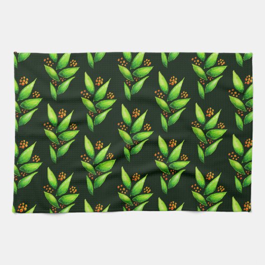 果実が付いている水彩画の緑植物のパターン キッチンタオル (横)