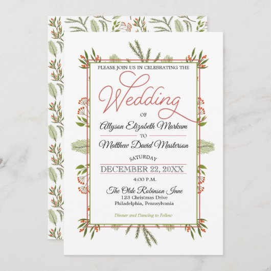 果実と冬の松の緑の結婚休日 招待状 (正面/裏面)