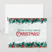果実と緑のクリスマスの水色フレーム シーズンカード (正面/裏面)