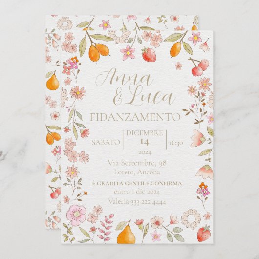 果実と花の白い背景 招待状 (正面/裏面)
