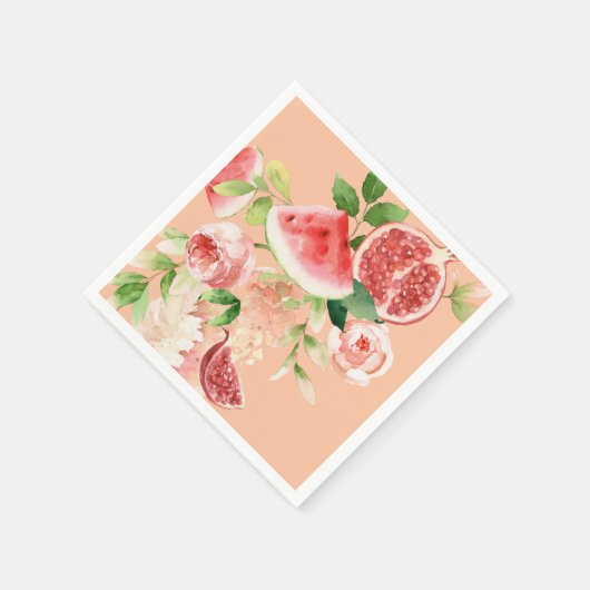 果実と葉の紙のナプキン付きピンクの花束 スタンダードカクテルナプキン (角)