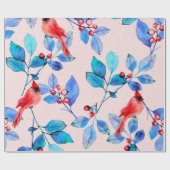 果実と鳥の水色のイラストレット付きブランチ ラッピングペーパー (フラット)