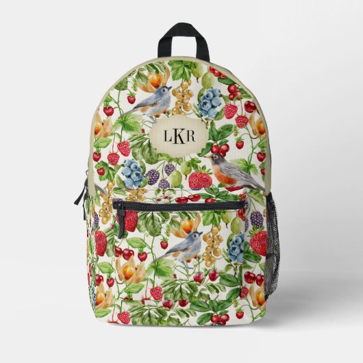 果実と鳥パターン3文字モノグラム プリントバックパック (正面)