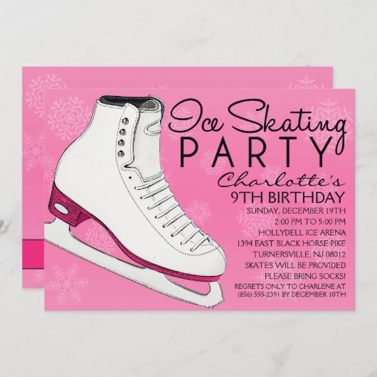 果実のピンクのスケートの仲間のアイススケートの誕生会 招待状 (正面/裏面)