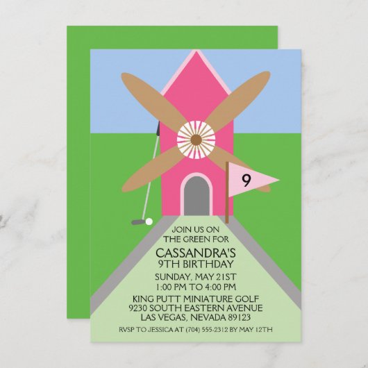 果実のピンクのミニゴルフの風車の誕生会 招待状 (正面/裏面)