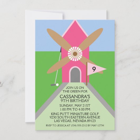 果実のピンクのミニゴルフの風車の誕生会 招待状 (正面)