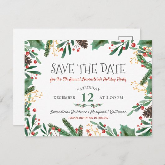 果実のメリークリスマスの休日のパーティの保存日付 案内ポストカード (正面/裏面)