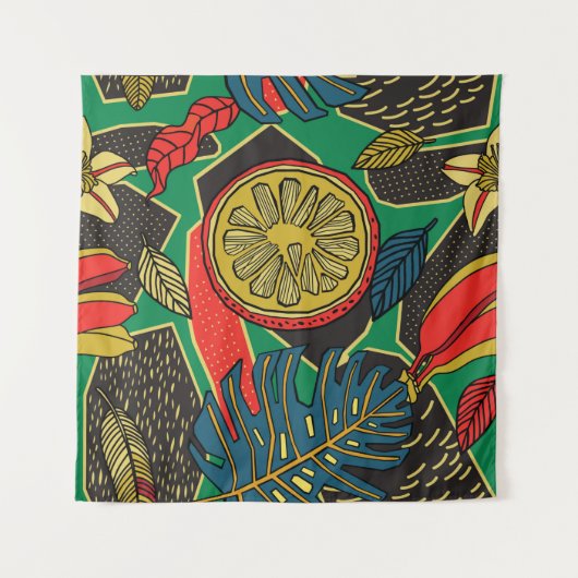 果実の付いたドードルスタイルの熱帯花柄 タペストリー (正面)