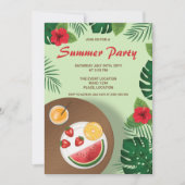 果実プレートと熱帯緑植物夏パーティー 招待状 (正面)