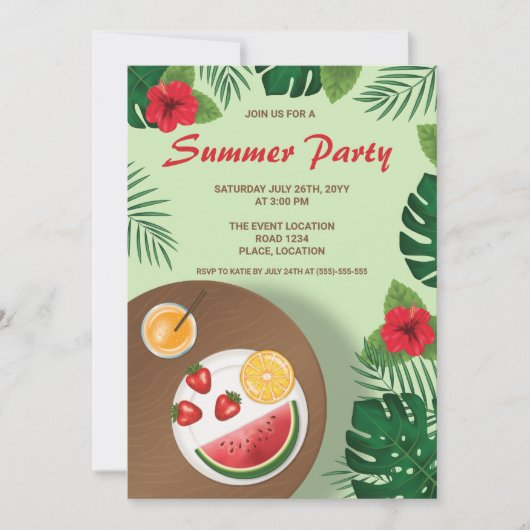 果実プレートと熱帯緑植物夏パーティー 招待状 (正面)