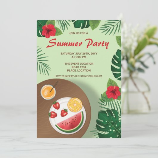 果実プレートと熱帯緑植物夏パーティー 招待状 (スタンド正面)