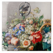 果実、花、葡萄、桃と小鳥 タイル (正面)