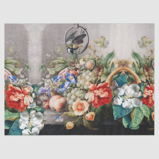 果実、花、葡萄、桃と小鳥 薄葉紙 (正面)