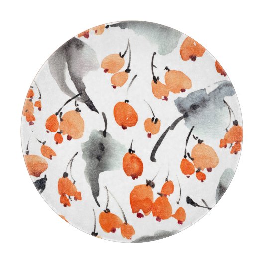 果実，葉イラストレーション，水色，インク カッティングボード (正面)