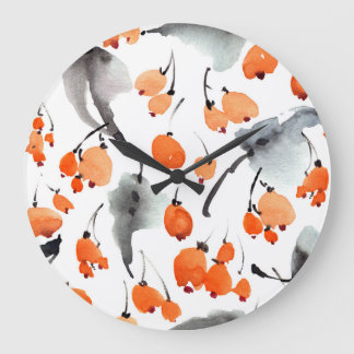 果実,葉イラストレーション,水色,インク ラージ壁時計