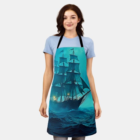 果敢に美しい海航海デザイン エプロン (着用した状態)