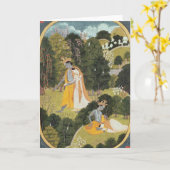 果樹園のRadhaおよびKrishnaの歩く カード (黄色い花)
