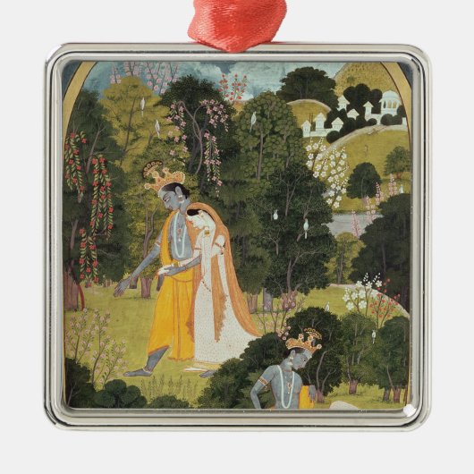 果樹園のRadhaおよびKrishnaの歩く メタルオーナメント (正面)