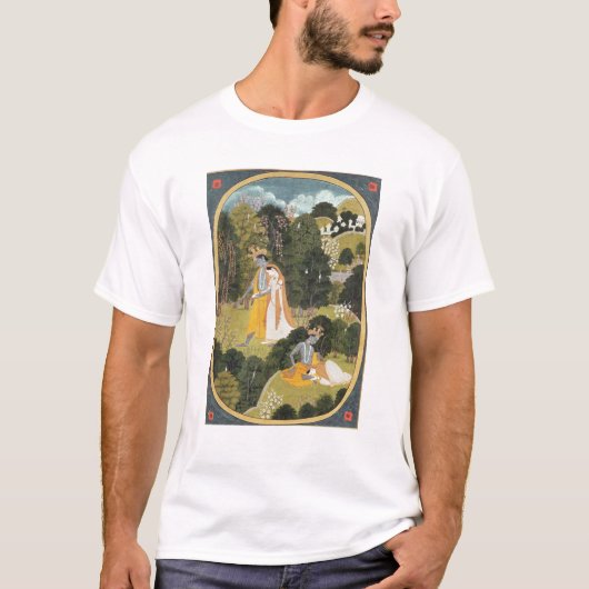 果樹園のRadhaおよびKrishnaの歩く Tシャツ (正面)