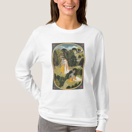 果樹園のRadhaおよびKrishnaの歩く Tシャツ (正面)