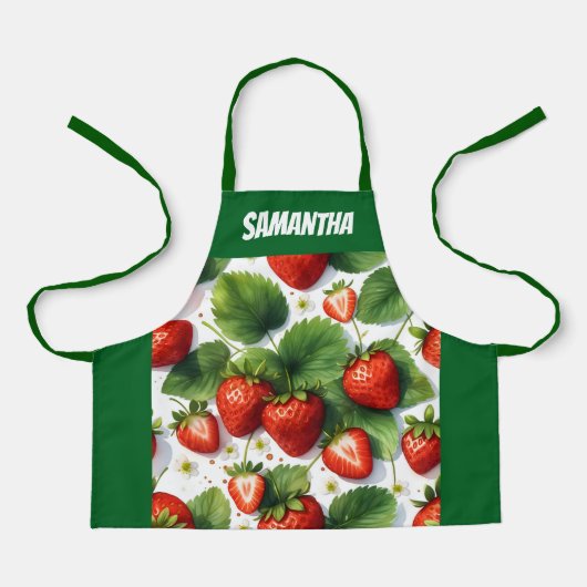 果汁の熟した新鮮なイチゴと緑の離れイチゴ エプロン (正面)