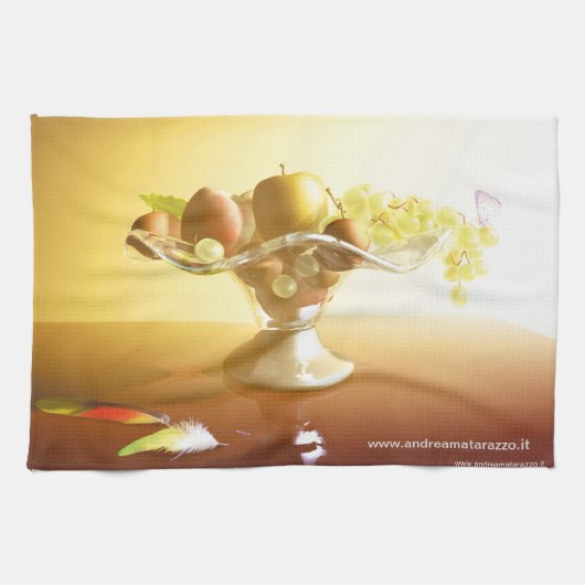 果物とバターフライの入ったガラスのバスケット キッチンタオル (横)