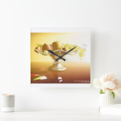 果物とバターフライの入ったガラスのバスケット スクエア壁時計 (ホーム)