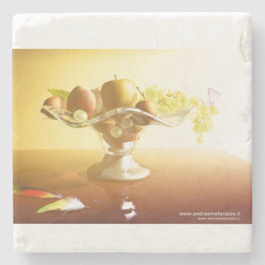 果物とバターフライの入ったガラスのバスケット ストーンコースター (正面)