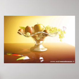 果物とバターフライの入ったガラスのバスケット ポスター